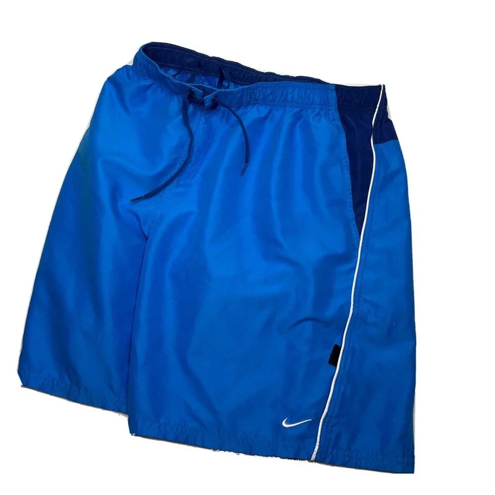 Nike Swim Trunks Mens 2XL Board Shorts Mesh Lined Blue Swoosh Pockets Bathing